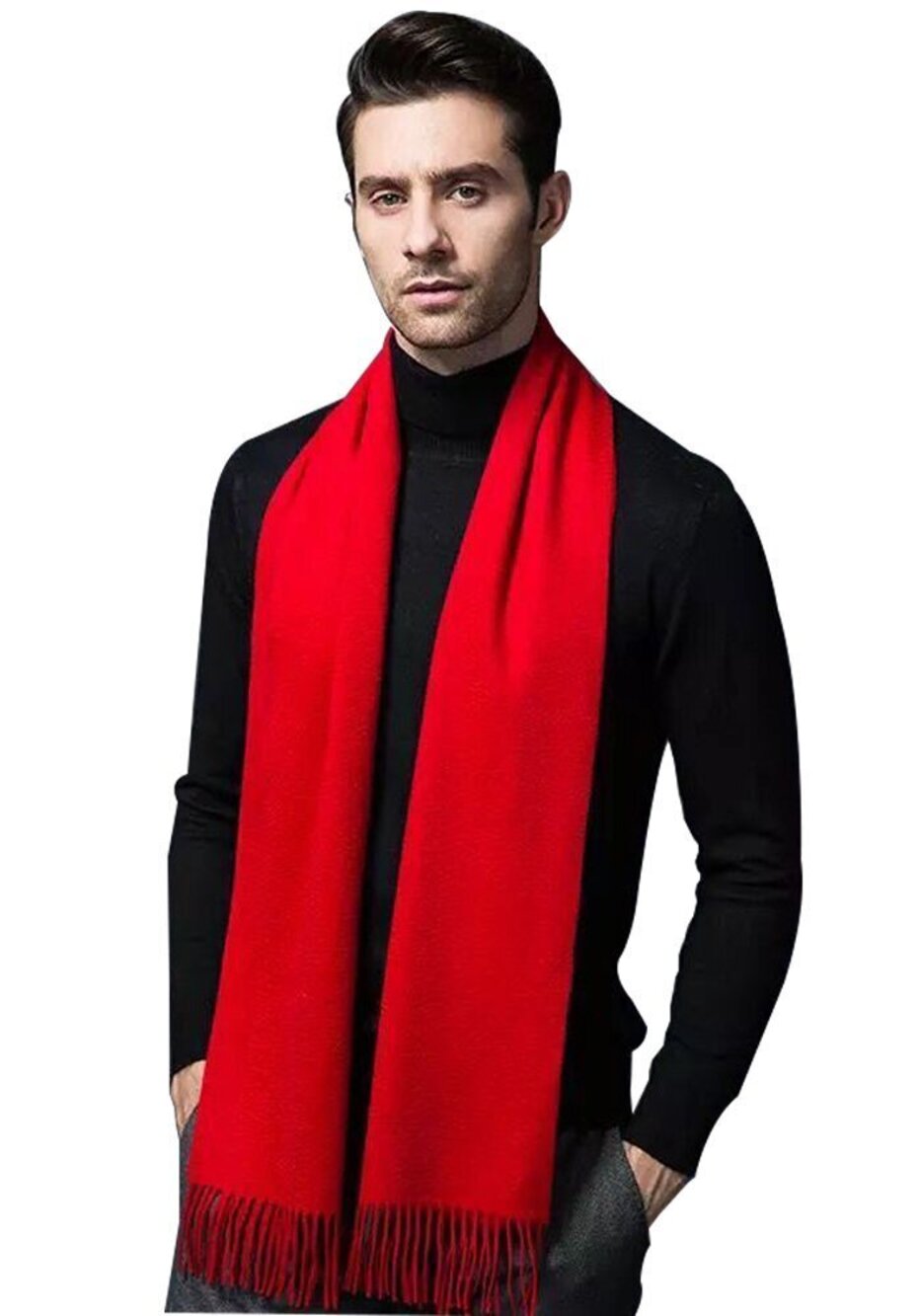 5540 Red Cashmere & Wool Scarf Solid Color, Fashionable Thin Lightweight